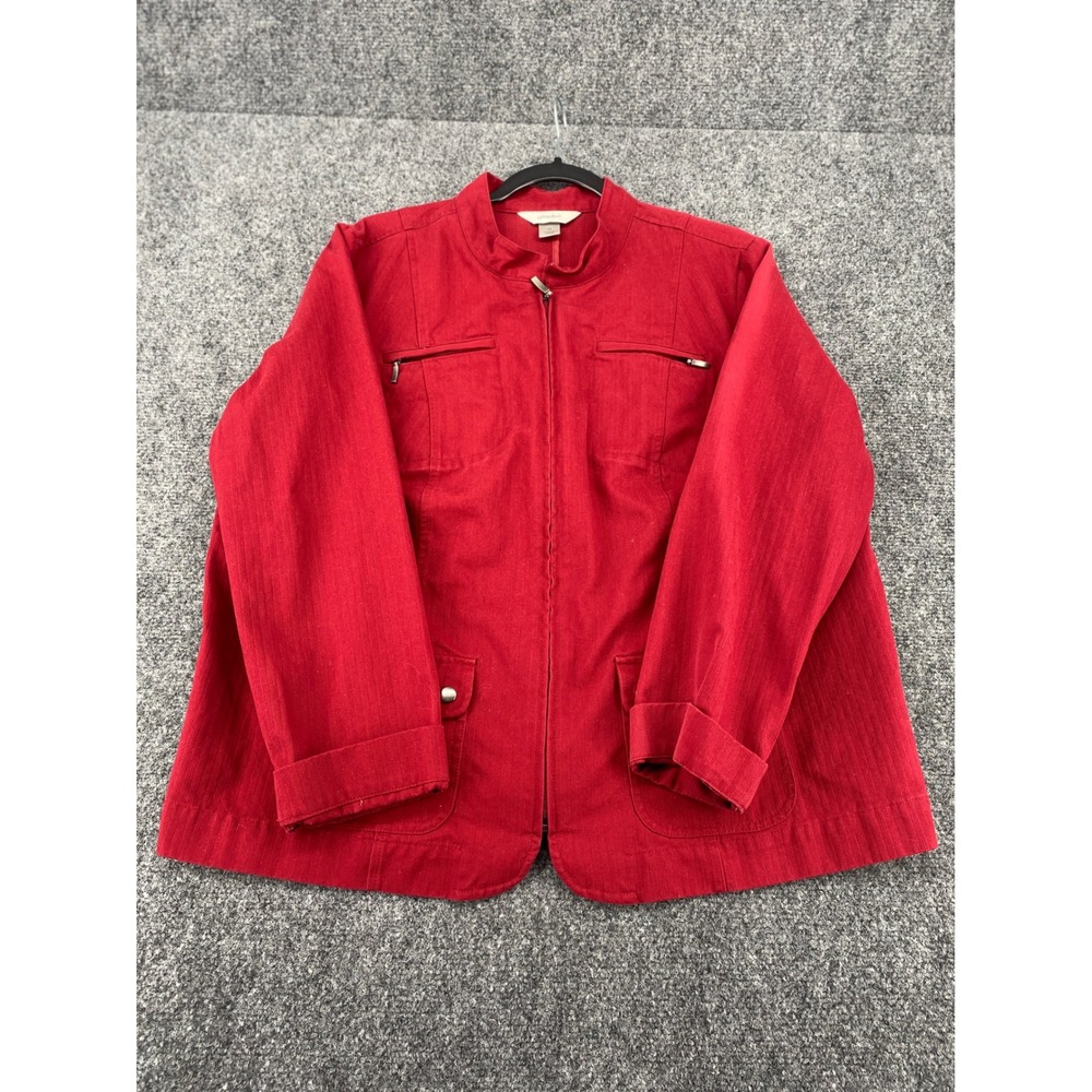 CJ Banks Herringbone Zip Front Jacket Womens 1X Red Utility Mock Neck Pockets